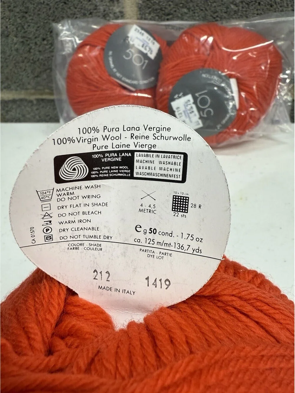 Filtura Di Crosa ‘501’ 100% Pure Wool Yarn Shade 212 Orange 3 Skein Lot